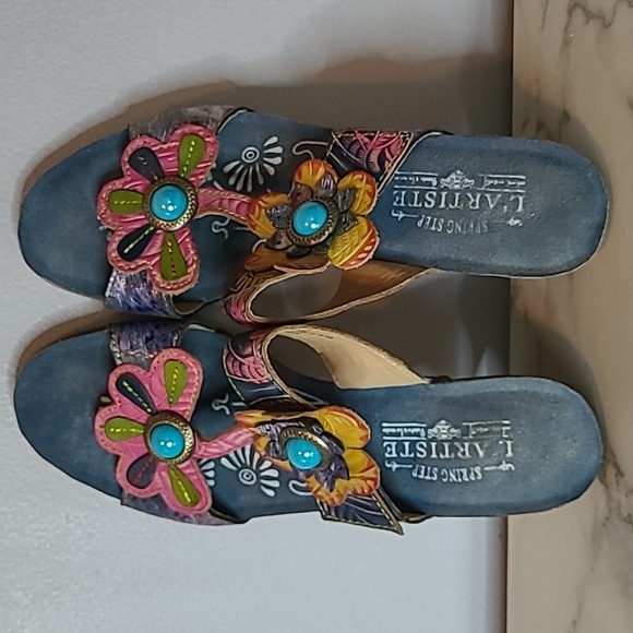 Spring Step L'Artiste Leather Colorful Floral Embossed Slip-on Sandals 9 Boho - Picture 11 of 16